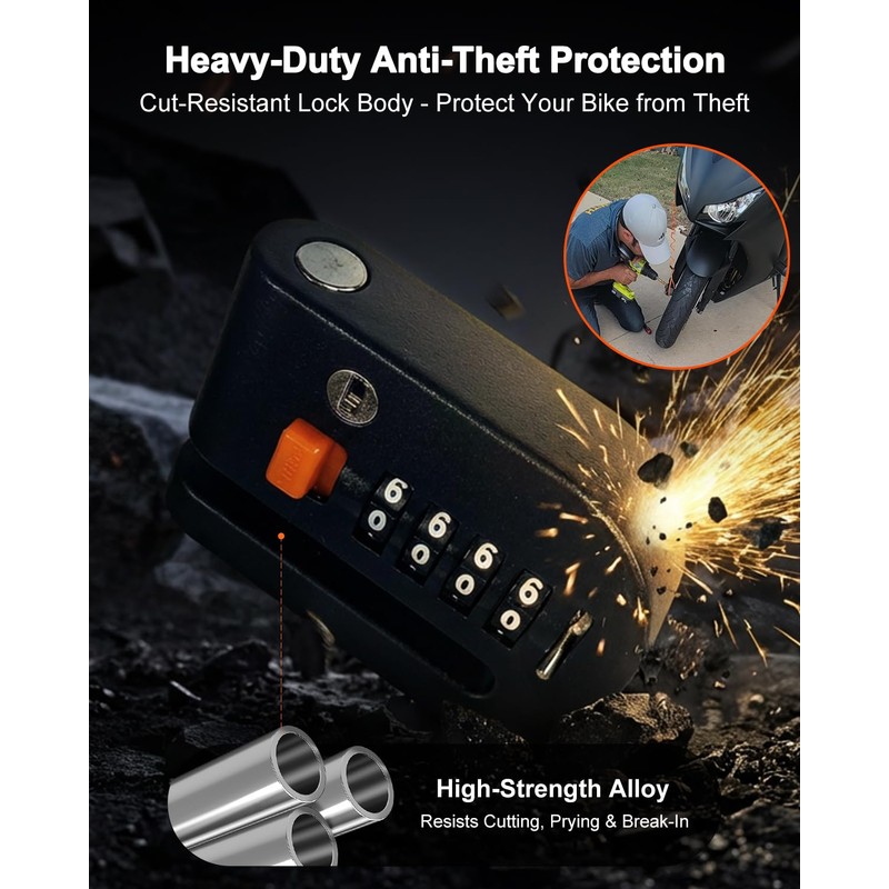 Motorcycle Disc Lock Anti-Theft Wheel Brake Lock, 4-Digit Code, 5ft