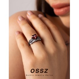 OSSZ Angel Wings Heart Cross Ring - Sterling Silver Gothic Dark Mysterious Infinity Ring Women's Holiday Jewelry Gift, Sterling Silver, Cubic Zirconia