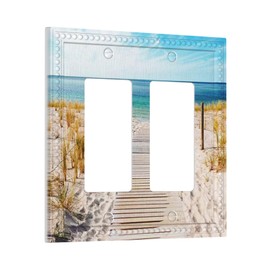 Coastal Sunny Beach Scenery 2 Gang Double Rocker/GFCI Light Switch Cover Decorative Outlet Wall Plate Electrical Faceplate Sunny Beach Home Bedroom Art Panel Decor Screwless Light Blue Yellow