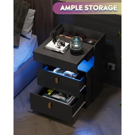 WLIVE Black Nighstand with Charging Station and LED Lights, Night Stand with Sliding Top, Modern Bedside Table with 2 Drawers, End Tables for Bedroom, Living Room, Black