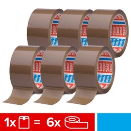 tesapack 64014 in a pack of 6 - Low-noise parcel tape for packing parcels and shipping boxes - brown - 6 rolls each 66 m