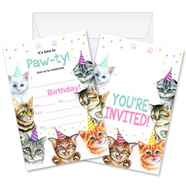 It's Time To Paw-ty - Kitty Cat Theme Birthday Invite for Girls Boys Teen Friends, Cute Pet Birthday Party Invitations Card, 20 Invitations With Envelopes, Birthday Party Supplies & Decorations -005