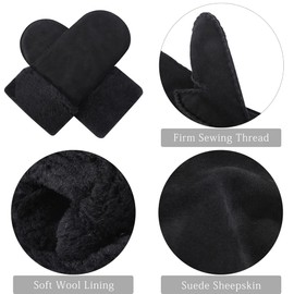 Harssidanzar KL024EU Women's Mittens, Winter Sheepskin Lambskin Heated Warm Furry Gauntlets Leather Gloves, black