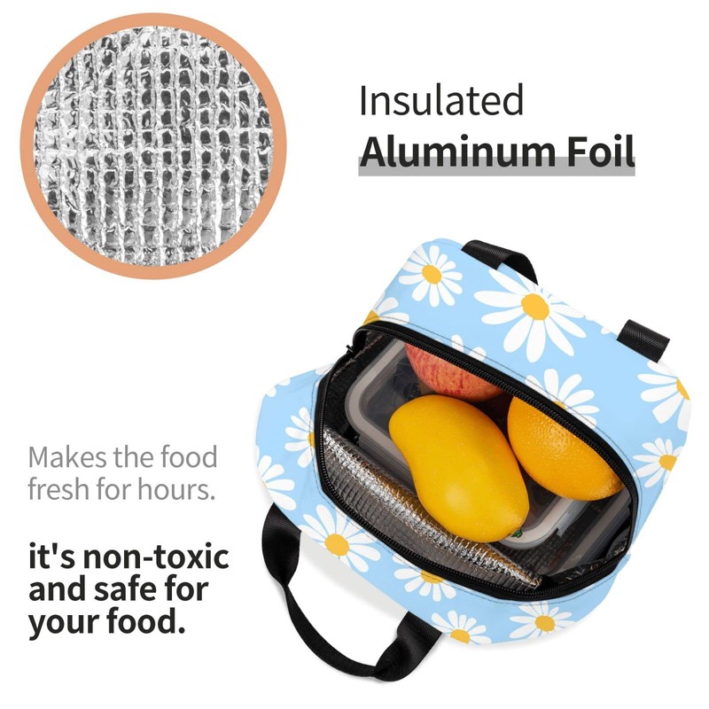 Echoserein Pretty Floral Daisy Light Blue Lunch Bag Insulated Lunch