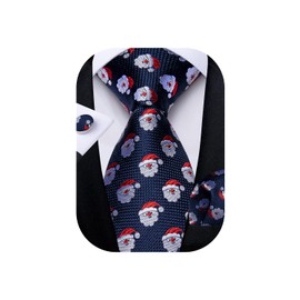 DiBanGu Mens Christmas Tie Set Santa Necktie Hanky Cufflinks Silk Festival Tie Set Party, Navy Blue Santa, One Size