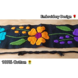 Mexican Embroidery Belt Sash 28 Inches & 22 Inches String Beautiful Floral Design Traditional Fiesta Party, Black, One Size