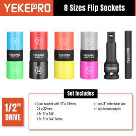 YEKEPRO Lug Nut Socket Set, 8 Size 1/2-Inch Drive Wheel Impact Flip Hex Socket Set, Non-Marring & Thin Wall Lug Nut Socket Set, Lug Nut Removal Tool For Car, Cr-Mo Steel, W12206