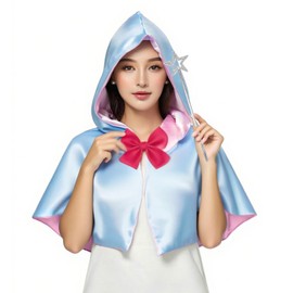 TUVWYSZ Fairy Godmother Costume Cape Set, Light Blue and Pink Satin Hooded Cape with Red Bow, Silver Star Wand, Fantasy Dress Up Accessories
