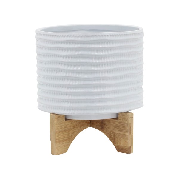 8" Ceramic Planter Stand, White with Wooden Base, Indoor/Outdoor Planter