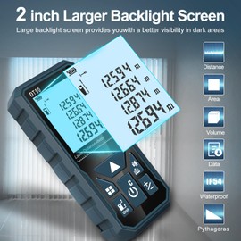 HANMATEK Laser Distance Meter 165ft, DT50 50m Laser Measure with Portable Handle Digital Measure Tool Range Finder 4-Line Backlit Large LCD Display IP54 Shockproof