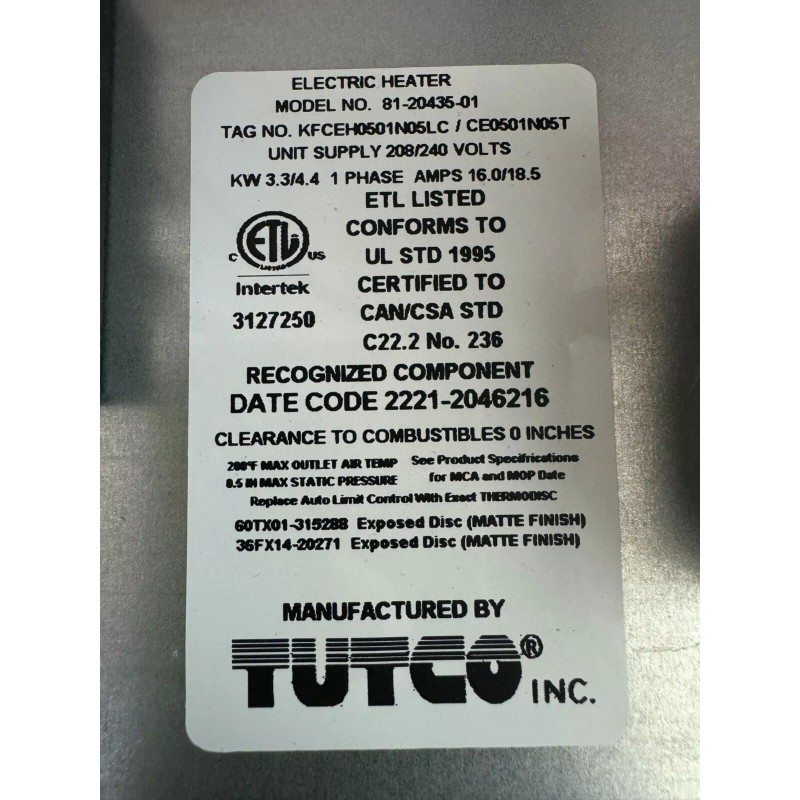 TUTCO 5kW Electric Strip Heater 81-20435-01 KFCDH0501N05LC