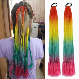 1pcs Synthetic Colored Box Braided Ponytail Hair Extensions Overhead Tail with Rubber Elastic Band Rainbow Pigtail Hairpiece for Kids