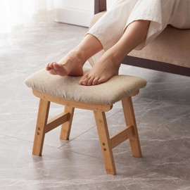 Foot Stool,Ottoman and Footstool,Small Sofa Foot Rest,Bamboo Foot Stool Under Desk,Extra Seating for Living Room, Bedroom and Kitchen (Natural Stool Legs - Beige Surface)