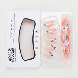 Summer Flower Press on Nails Almond Shape Fake Nails with Flower Designs Elegant Floral Artificial Nails Medium Length Spring Summer Glue on Nails Flowers Stick on Nails for Women, 24Pcs