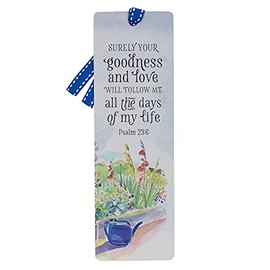 Premium Scripture Bookmark Surely Goodness and Mercy Psalm 23:6 Bible Verse Floral Garden Inspirational Bookmark for Women w/Ribbon