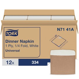Tork White Dinner Napkin, 1/4 Fold 1-ply, 17" x 16.9", 12 x 334 napkins, N7141A