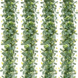 SOMYTING Pack of 4 Artificial Eucalyptus Garlands with White Flower Garland Artificial Plant Hanging Plant for Background Wedding Decoration Table Runner Centrepiece