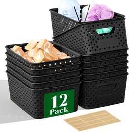 12 Pack Plastic Storage Baskets for Organizing, Storage Baskets for Shelves with Handles, Small Storage Bins with Labels, Classroom Storage Organization for Cabinet,Closet, Office,Black