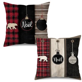 UZFNY Rustic Christmas Throw Pillow Covers 18x18 Inch - Set of 2, Double-Sided White Bear & Red Black Buffalo Plaid Decorative Cushion Cases for Noel Winter Holiday Home Decor, Cabin & Lodge Style