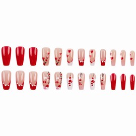 MISUD Press on Nails Long Coffin Fake Nails Glossy Glue on Nails Red French Tip Acrylic Nails Ballerina Artificial Nails Heart Stick on False Nails with Design 24 pcs