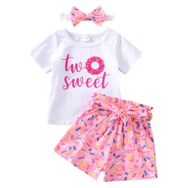 FIOMVA Baby Girl Birthday Outfit Two Sweet Letter Print Bodysut+Shorts Pants+Headband Set 2nd Birthday Summer Clothes 3Pcs (Two Sweet shorts set, 2-2.5 Years)