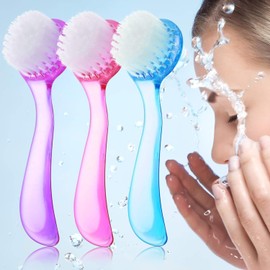 3 cepillos de limpieza facial con mango acrílico, exfoliante facial de cerdas suaves, cepillo exfoliante facial exfoliante para el cuidado de la cara, maquillaje y cuidado de la piel (rosa, morado, azul)