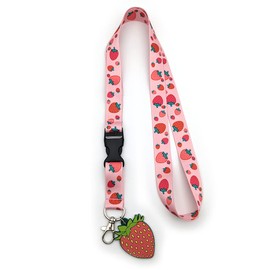 J.A.T. Creative Products Strawberry Lanyard Key Chain ID Card Badge Holder with 1.5" Rubber Charm and Release Buckle