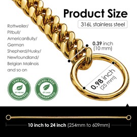 txprodogchains 18K Gold Chain Dog Collar 10MM Cuban Link Chain Stainless Steel Metal Links Walking Training Collar for Small Medium Large Dogs 10in to 24in (10" (Neck Fits 6"-8"), 18K Gold)
