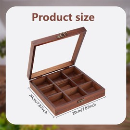 INFUNLY 7.9x7.9 Inch Pine Wooden Crystal Storage Box with Acrylic Lid Organizer for Stones with 9 Fixed Compartments
