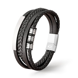 UNIQAL Black Shape Men's Leather Bracelet Stainless Steel Genuine Leather Case Box, Stainless Steel