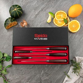 Seido Knives 5-Piece Damascus Master Chef Knife Set - Includes Gyuto, Santoku, Nakiri, Paring Knives - High-Carbon Stainless Steel Kitchen Knives