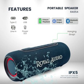 ROYAL AUDIO RAS01 Wireless Portable Bluetooth Speaker with IPX5 Waterproof Design, Bassboom Stereo Sound, TWS Pairing, 8 Hours Playtime, RGB Lights and FM Radio for Home and Outdoor Use (Blue)