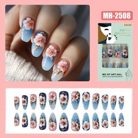 TBRZTR Flower Press on Nails Medium Almond Shaped Pink Floral Pattern Design Spring Summer Fake Nail Full Cover Glossy Acrylic Artificial Fingernails Reusable Blue Glue on Nails for Women 24Pcs