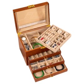 Bescott Large 5 Layer Solid Wooden Jewelry Box with Lock and Key for Women Men Vintage Velvet Wood Jewelry Organizer Storage for Earrings Rings Necklaces Bracelet Watch Mother’s Day Gift