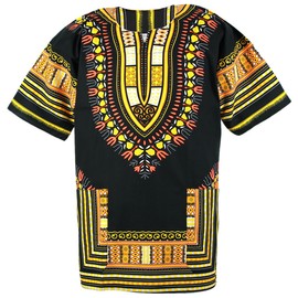 CHAINUPON African Dashiki Cotton Shirt Unisex Tribal Festival Boho Hippie Kaftan (Black Yellow, XXL)