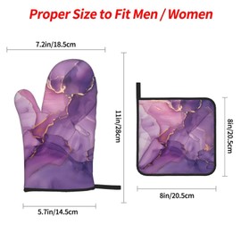 Purple Gold Marble Oven Mitts Pot Holders Set of 4, Kitchen Gloves Potholders Heat Resistant for Chef Baking Cooking Grilling BBQ