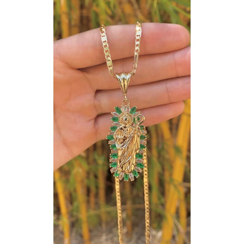 Isas Jewelry San Juditas CZ Necklace 24" Figaro Valentino Chain