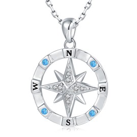 Sterling-Silver Opal Compass Necklace for Women - Inspirational Nautical Dream Compass Pendant，Created Opal Necklaces for Women Mother's Day and Graduation Jewelry Gifts