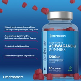 Horbaach Ashwagandha Gummies 1200mg | 60 Vegan Gummies | 5% Withanolides | Natural Raspberry Flavor