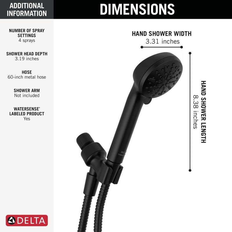 Delta Faucet 4-Setting Handheld Shower Head, Black Shower Head with