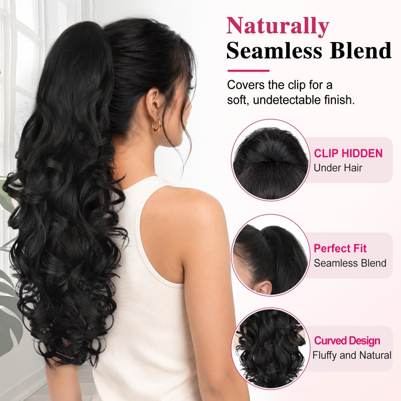 Long Curly Wavy Claw Clip Ponytail Extension,24" Chocolate Brown