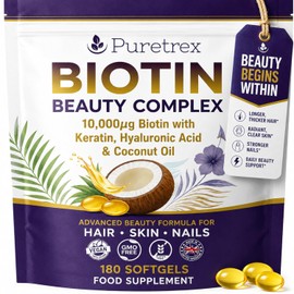 Puretrex Biotin 10, 000mcg Hair Skin and Nails Vitamins, 180 Vegan Softgels