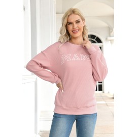 Ithalt Mama Sweatshirt for Women: Embroidered Mama Shirts Mom Pullover Long Sleeve Tops Waffle Knit Sweatshirts(LightPink, Small)