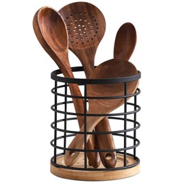 zexstar Large Kitchen Utensil Holder for Kitchen Counter (H6” x W5.2”), Gold Cooking Utensil Holder for Countertop with Wooden Base, Kitchen Decor, Utensil Organizer for Spatula