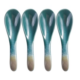BOSILI 4 Piece Japanese Ceramic Soup Spoons Set for Ramen Noodle Pho Soup, Dessert, Green