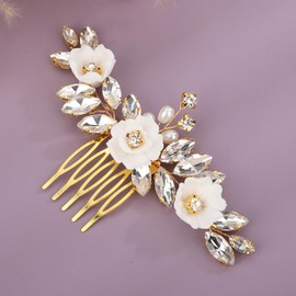 Teyglen Floral Flower Hair Comb Bridal Crystal Hair Side Comb with Pearl Wedding Hair Accessories Gold Silver Rhinestone Hair Piece Small Flower Headpiece for Women Girls (Gold)