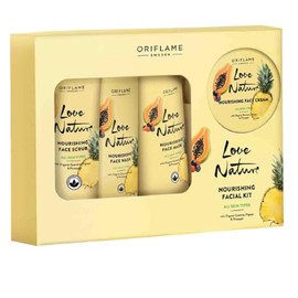 Ori-flame Love Nature Nourishing Facial Kit With Organic Guarana, Papaya & Pineapple Extract 4 Pcs. Set ( Face Scrub 3.3 oz | Face Wash 5.0 fl.oz. | Face Mask 3.3 oz | Face Cream 2.5 oz)