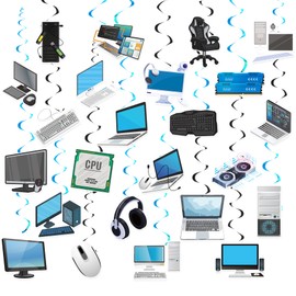 24 Pcs Computer Hanging Swirls Decorations Computer Party Decorations Ceiling Hanging Streamers for Computer Birthday Party Supplies Office Party