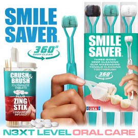 SMILE SAVER 360° Deep Clean 3-Sided Toothbrush 3PK + Toothpaste Tablets + Flavor Infused Toothpicks | Deep Cleaning + Gum Massage + Tongue Scraper (Black, Teal & White - Teal - Cinnamon)