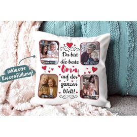 Cushion with Filling to Design Yourself with 4 Photos – For the Best Grandma – High-Quality Cushion Cover with Zip – White, 40 x 40 cm